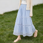 Lace-trim patchwork midi skirt
