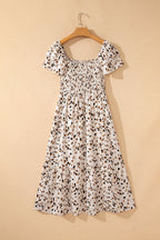 Beige Ditsy Floral Smocked Ruffle Dress