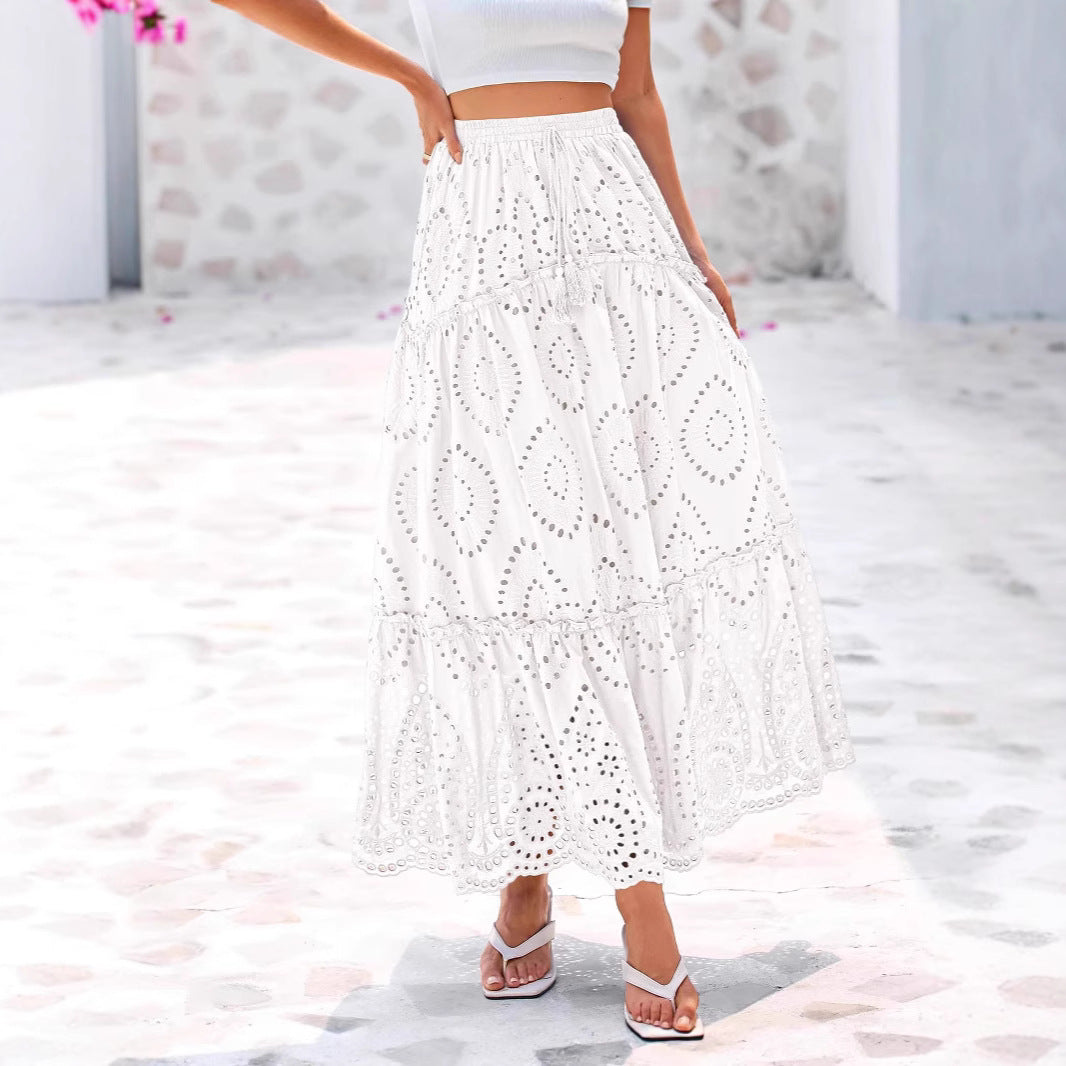 White hollow-out A-line long skirt