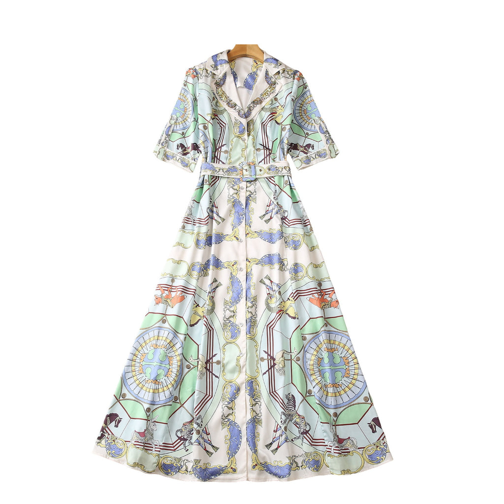 Women's sequin short-sleeve midi dress, illustrated pastel print with full skirt and belt ties.