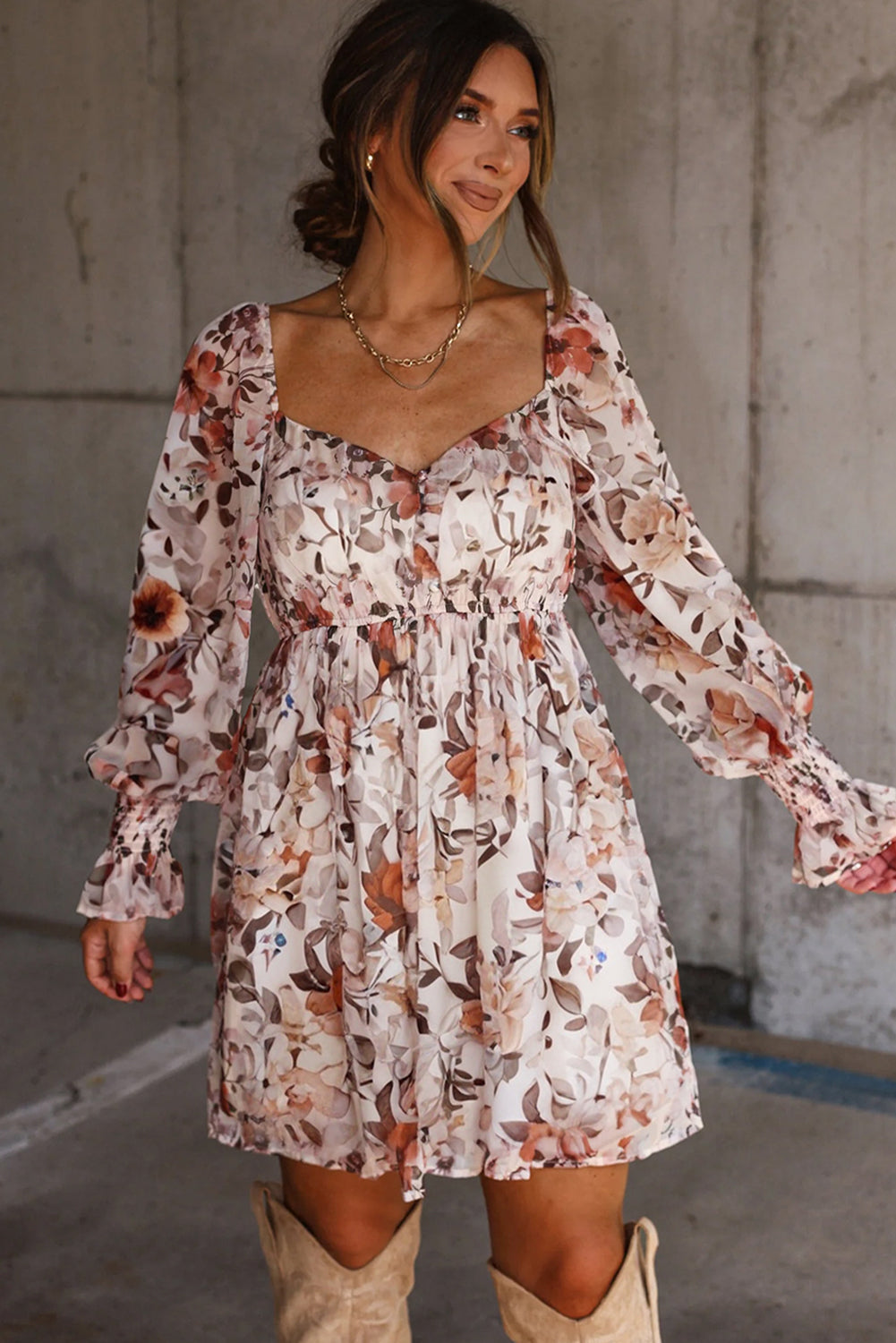 White Floral Sweetheart Neck Mini Dress