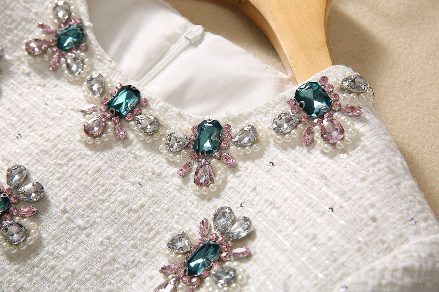 Beige sequin neckline with teal and pink crystal floral clusters