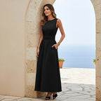 Belted sleeveless high-waist A-line maxi dress with elegant flowing silhouette