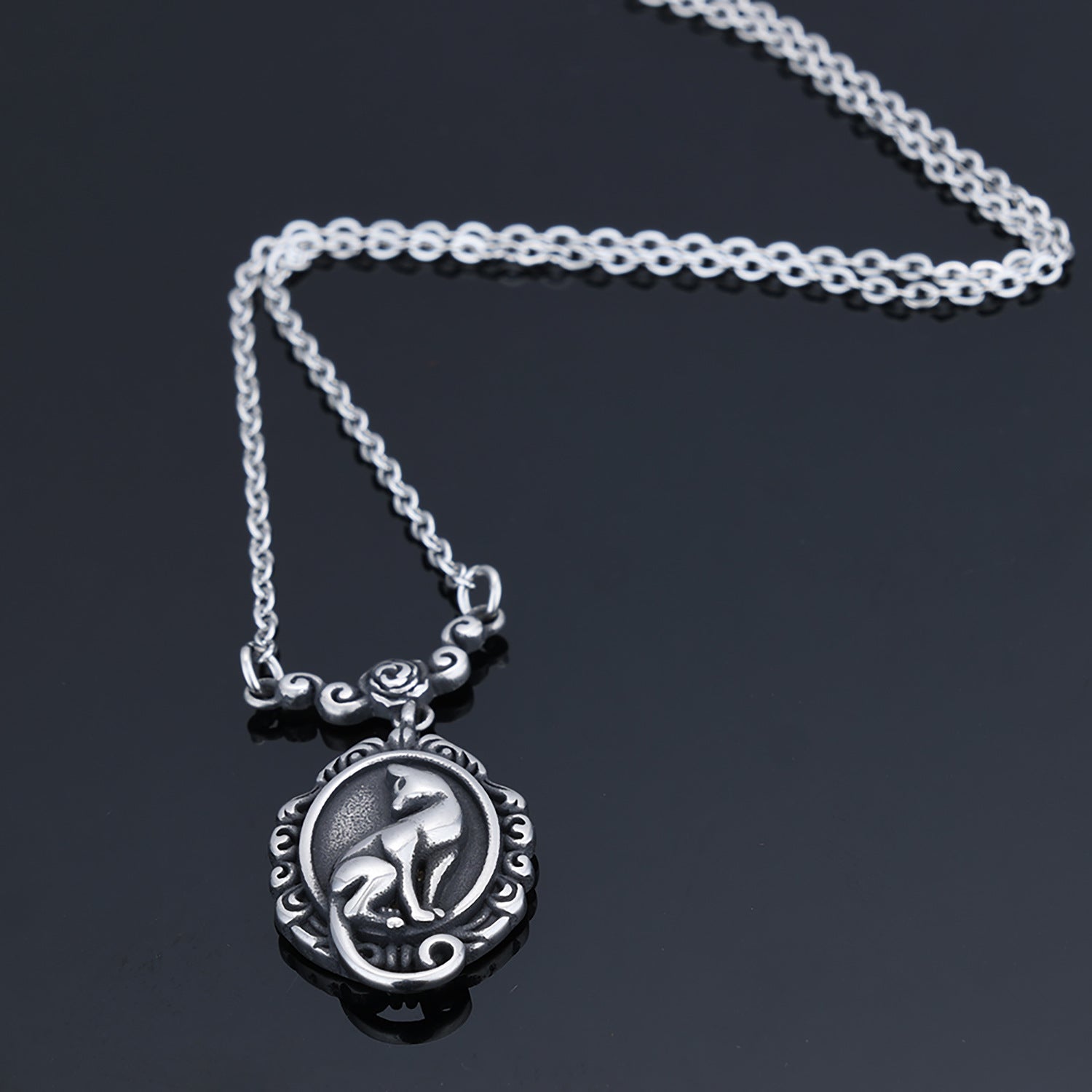 3D kitten floral wreath stainless steel necklace
