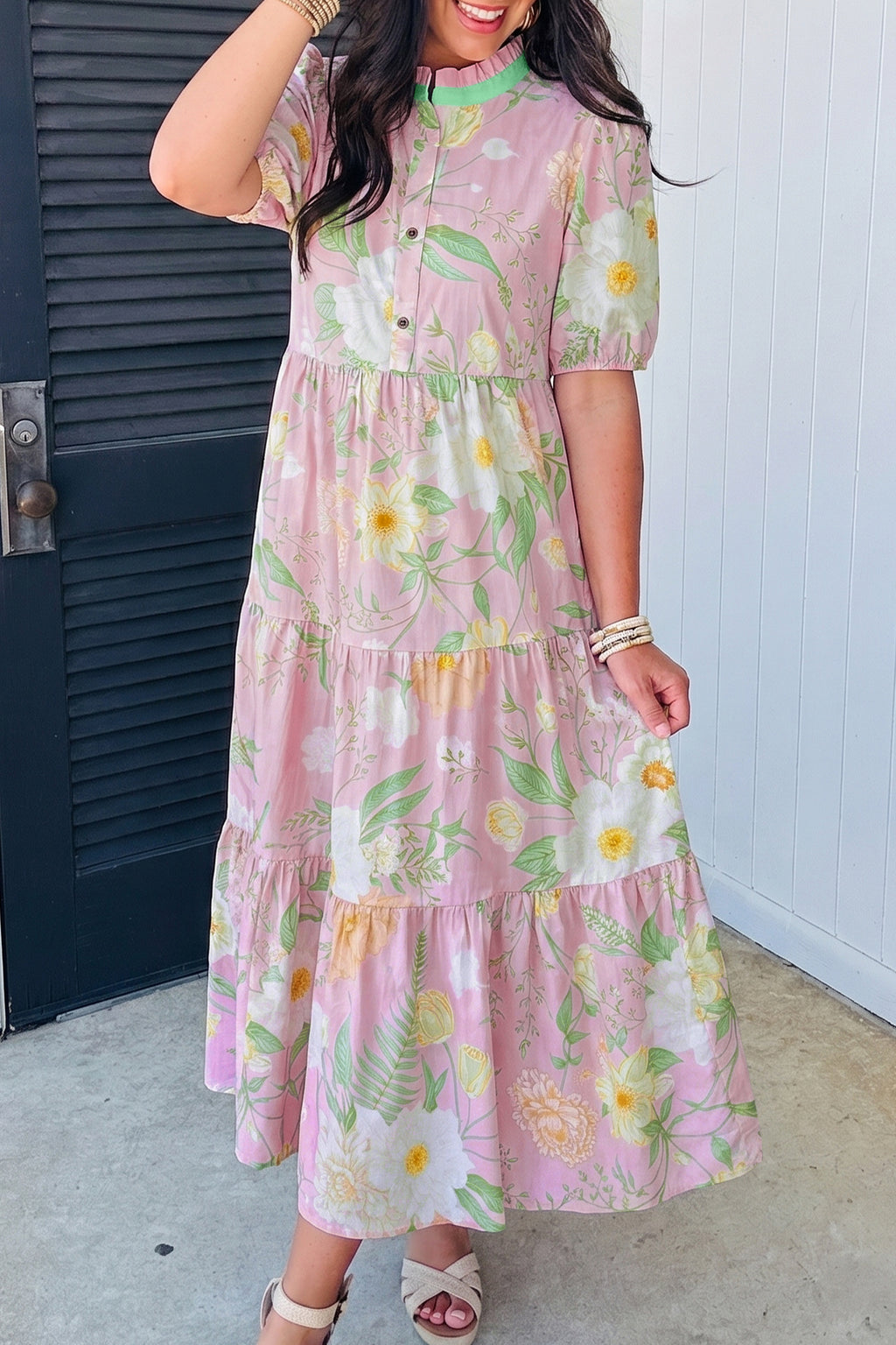 Pink Floral Puff-Sleeve Tiered Maxi Dress