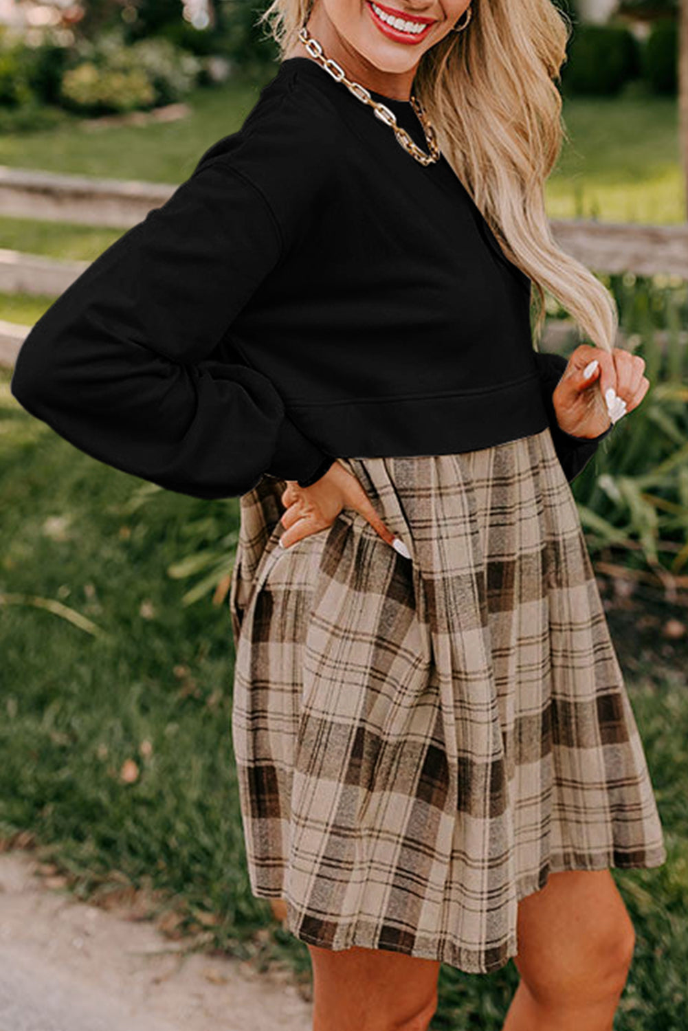 Women's Beige Plaid Patchwork Sweatshirt Mini Dress