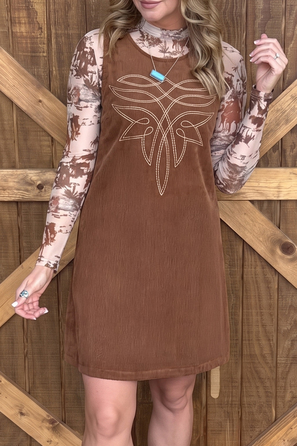 Women's Coffee Geometric-Embroidered Corduroy Mini Dress