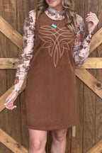 Women's Coffee Geometric-Embroidered Corduroy Mini Dress