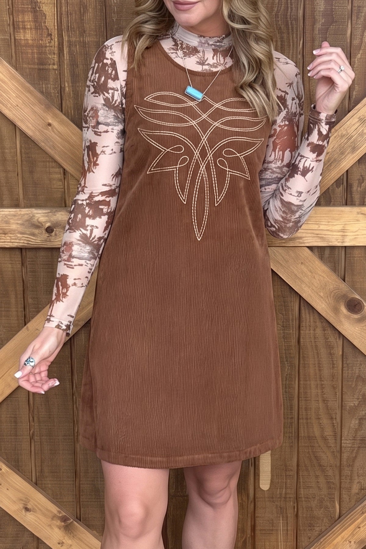 Women's Coffee Geometric-Embroidered Corduroy Mini Dress
