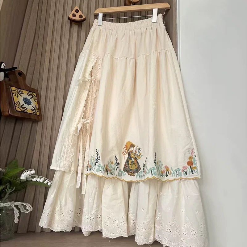 Lace-embroidered A-line maxi skirt