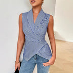 Women's blue stripe wrap sleeveless blouse