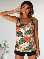Tropical floral tankini with spaghetti straps and hibiscus print, black swim shorts