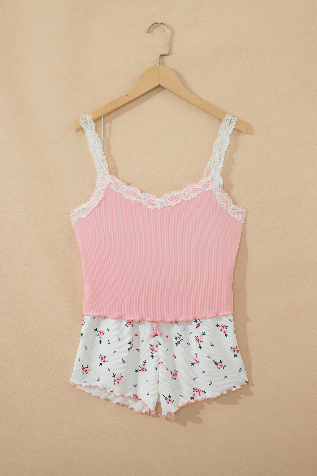 Pink Ribbed Knit Floral Pajama Set