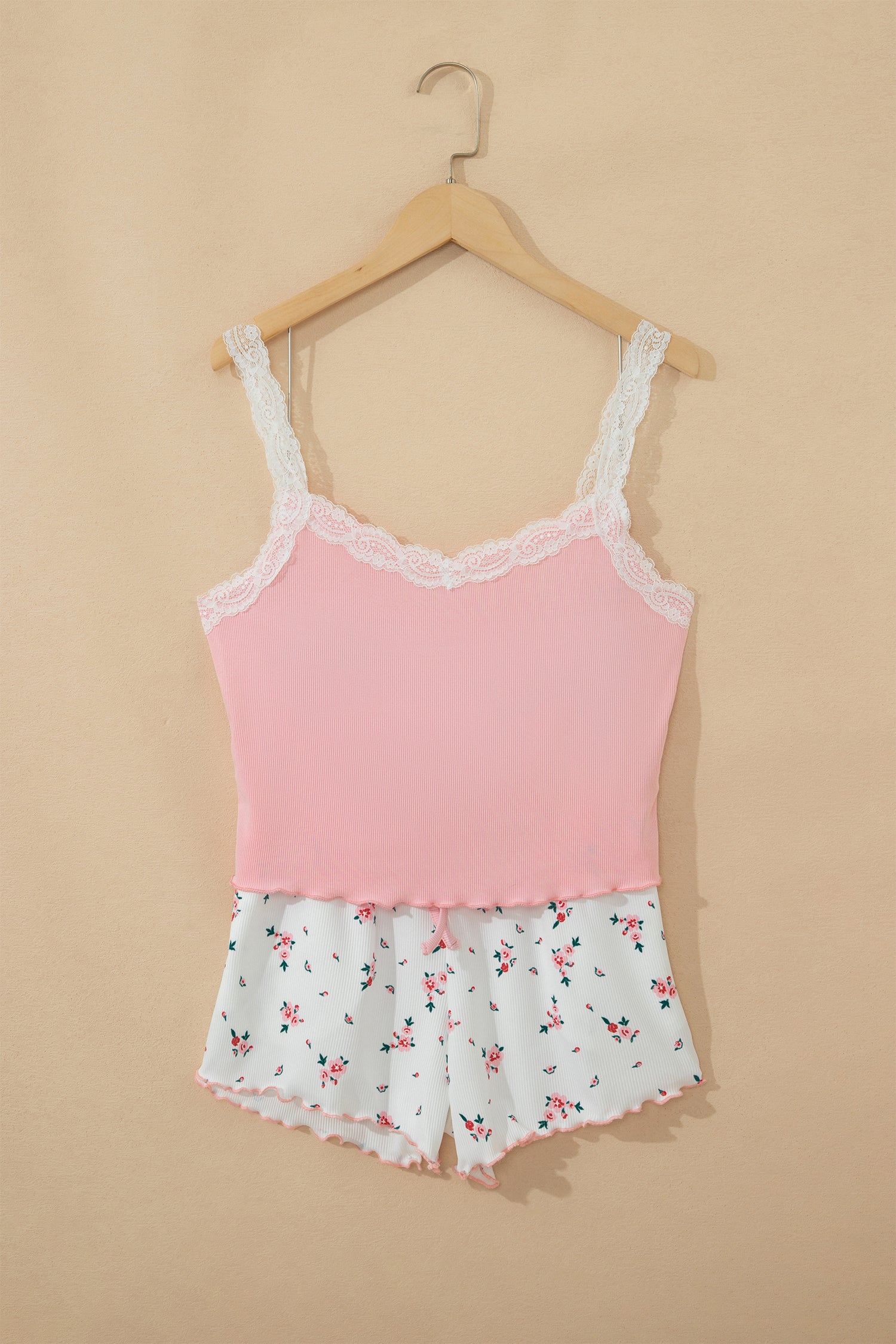 Pink Ribbed Knit Floral Pajama Set