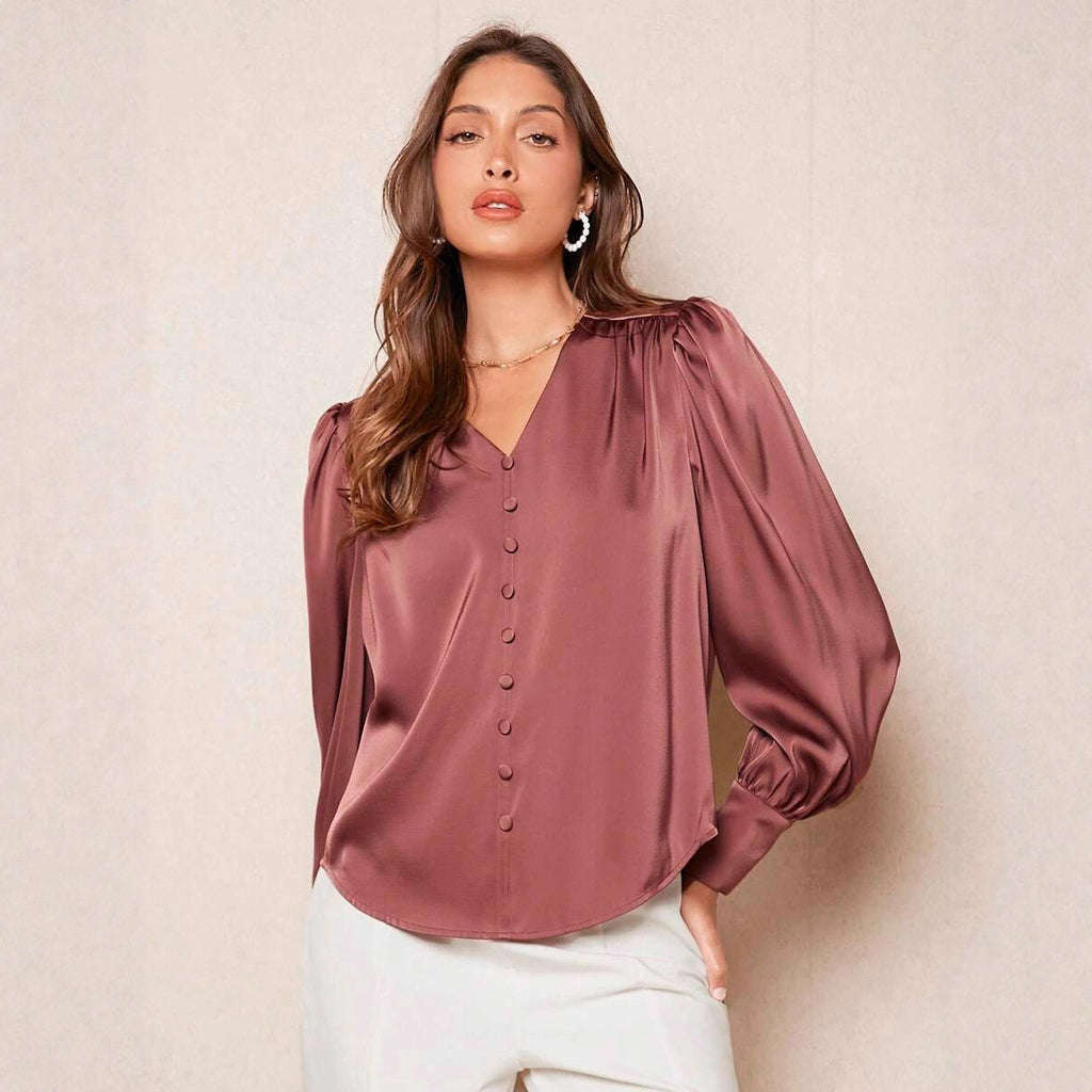Women's satin button V-neck long-sleeve top