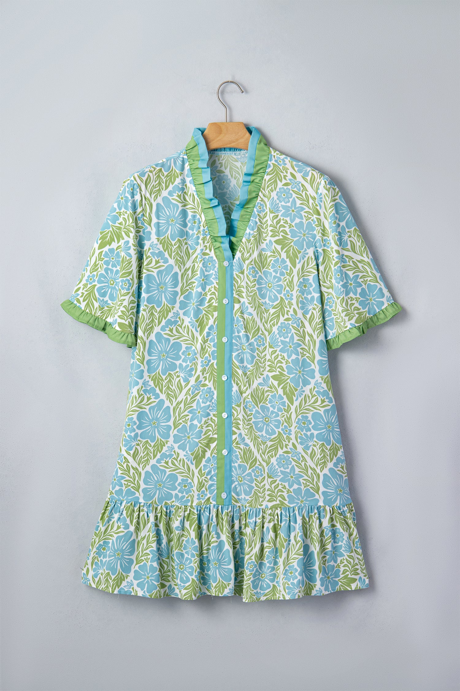 Sky Blue Botanical Floral V-Neck Dress