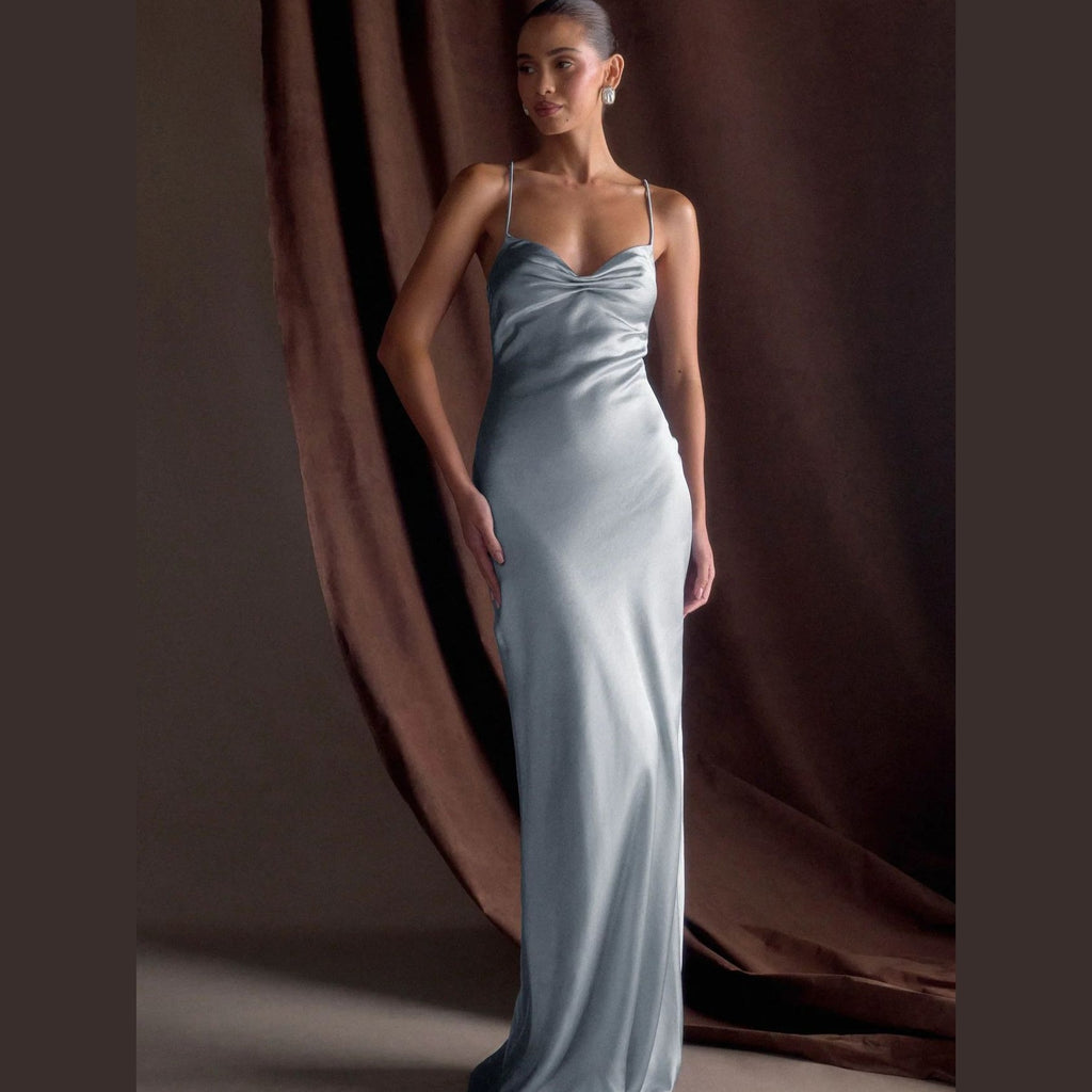 Adjustable-strap stretch satin maxi dress