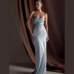 Adjustable-strap stretch satin maxi dress