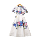 White floral sequin dress, short sleeves and midi skirt with blue/pink flower print