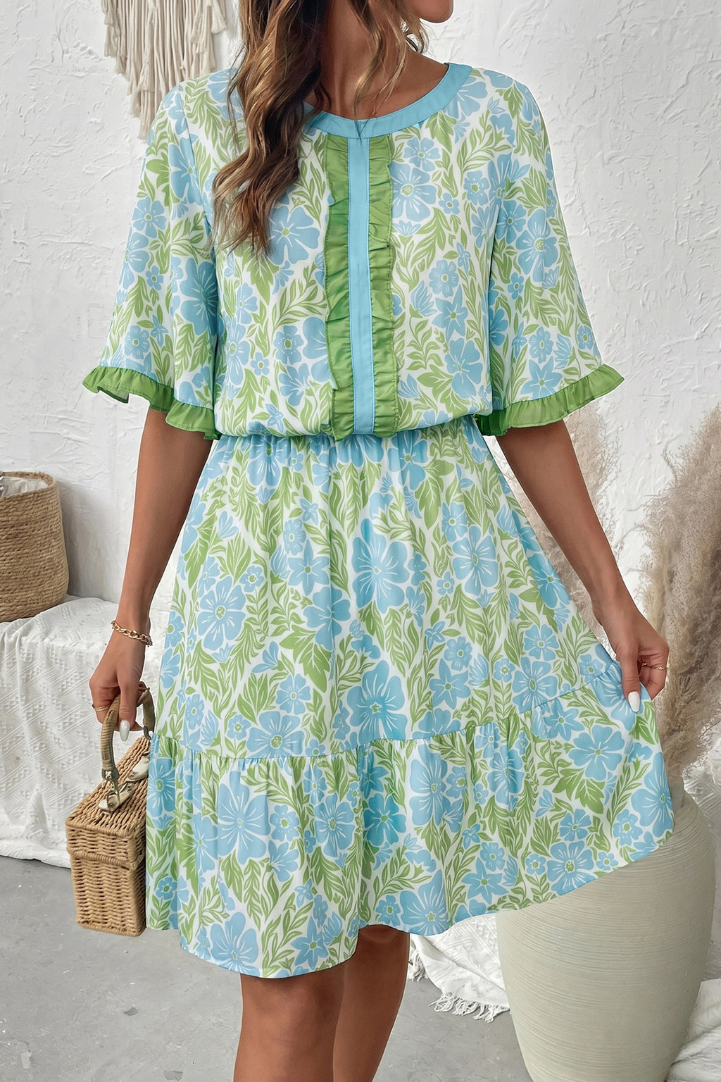 Sky Blue Floral Ruffle High-Waist Mini Dress