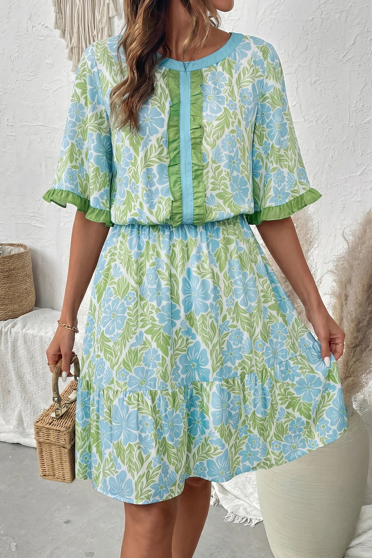 Sky Blue Floral Ruffle High-Waist Mini Dress
