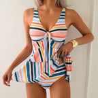 Women's multicolor stripe tie-front one-piece swimsuit