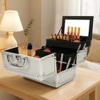 Silver aluminum makeup train case with mirror