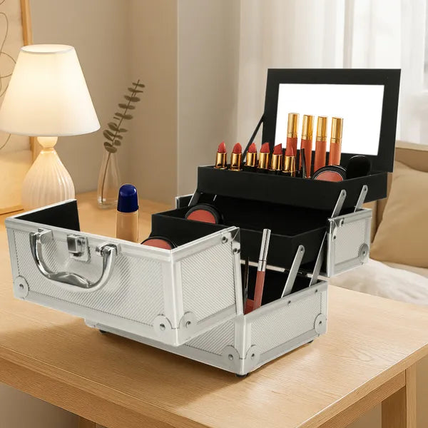 Silver aluminum makeup train case with mirror