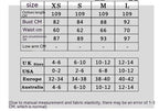 Women’s halter sequin dress size chart with length, bust, and waist (cm)