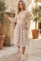 Women's Beige Polka-Dot Ribbed Midi Dress