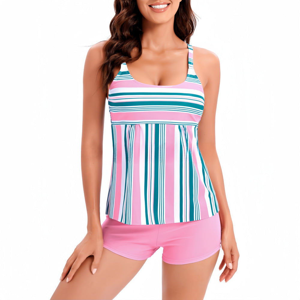 Women's multicolor stripe tankini set with shorts