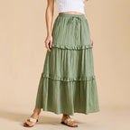 Lace-up pleated high-waist long skirt