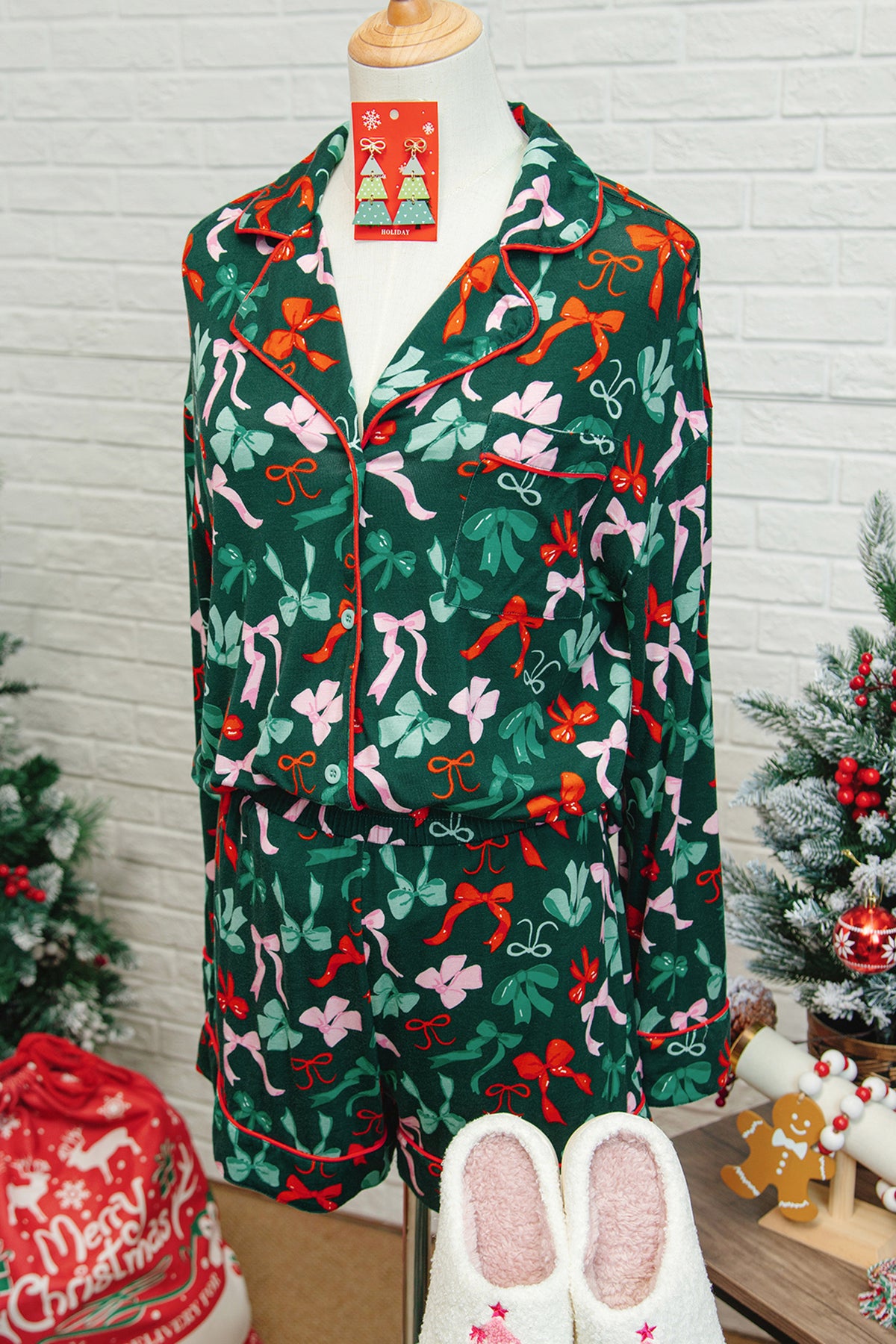 Green Festive Bow-Print Pajama Set