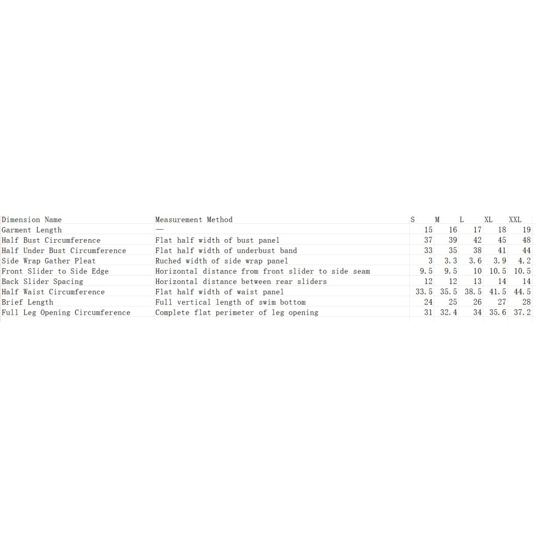 Women’s red bikini swimwear size chart with measurements by size