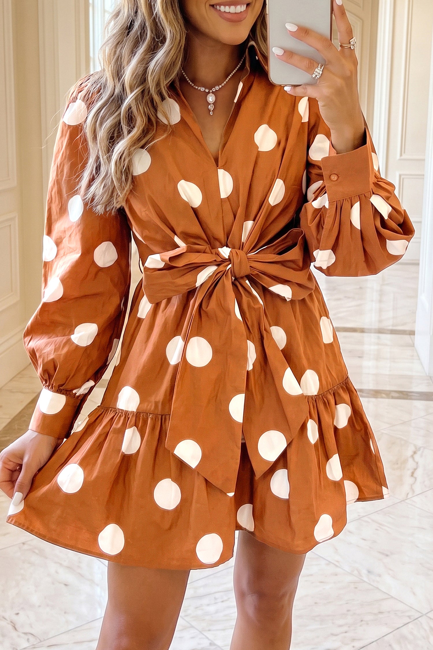 Brown Polka-Dot Tie-Waist Mini Dress