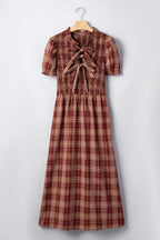Red Vintage Plaid Knot-Front Midi Dress
