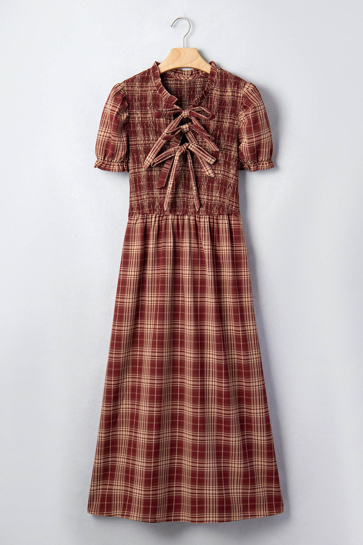Red Vintage Plaid Knot-Front Midi Dress