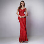 Red sequin sling dress with sweetheart neckline and fitted mermaid silhouette