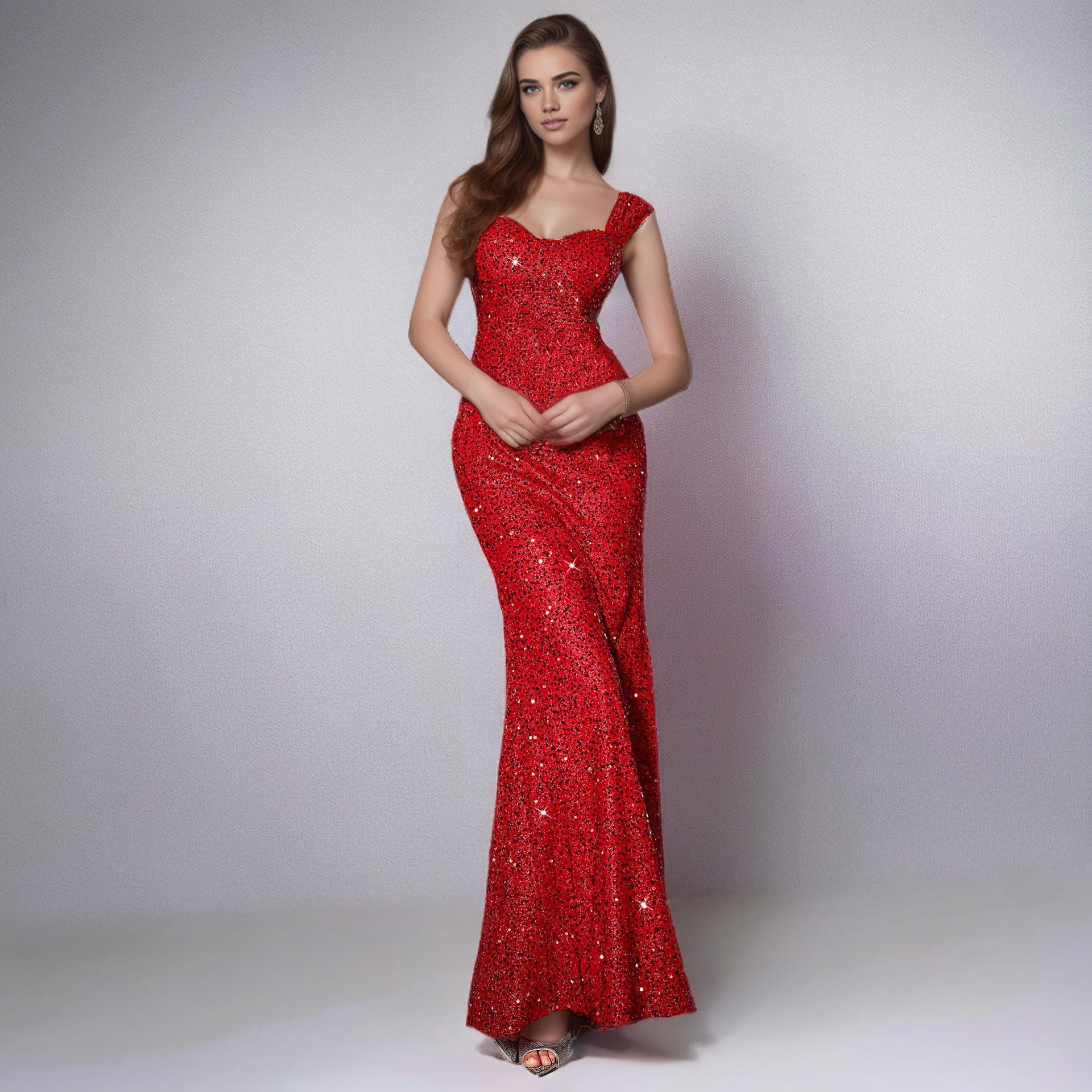 Red sequin sling dress with sweetheart neckline and fitted mermaid silhouette