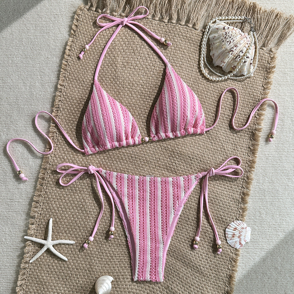 Women's pink stripe triangle bikini set