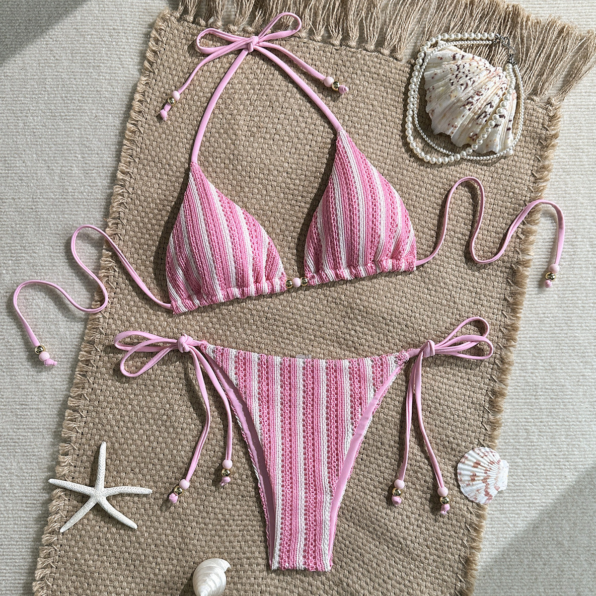 Women's pink stripe triangle bikini set