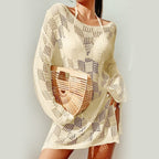 Women's ivory crochet long-sleeve mini cover-up dress