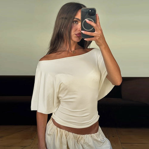 Cream girls off-shoulder short-sleeve top with ruched waist tie