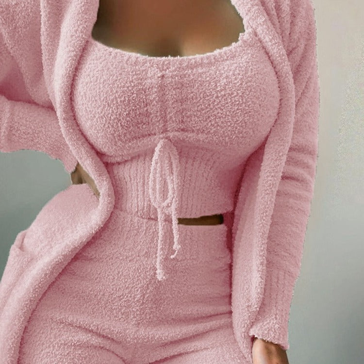 Women's pink fuzzy jacket crop top and pants set