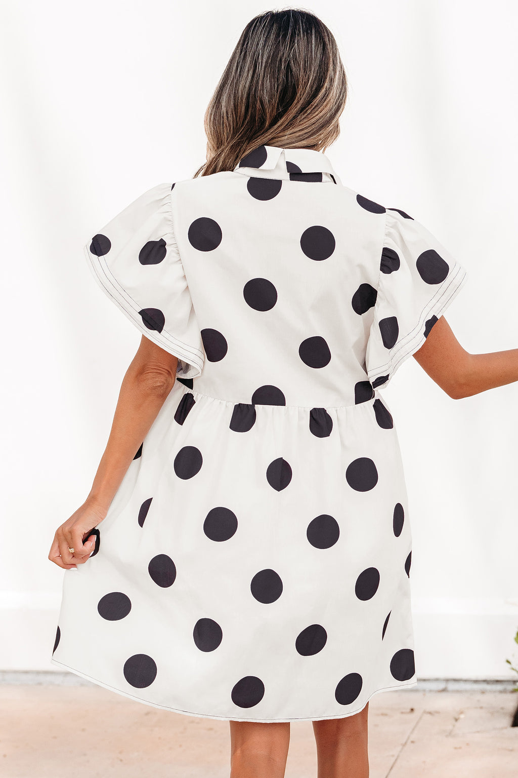 White Polka-Dot Ruffle-Hem Mini Dress