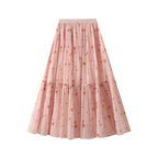 Floral print elastic-waist A-line long skirt